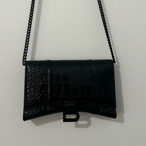BALENCIAGA WOMEN'S HOURGLASS WALLET ON CHAIN CROCODILE EMBOSSED IN BLACK